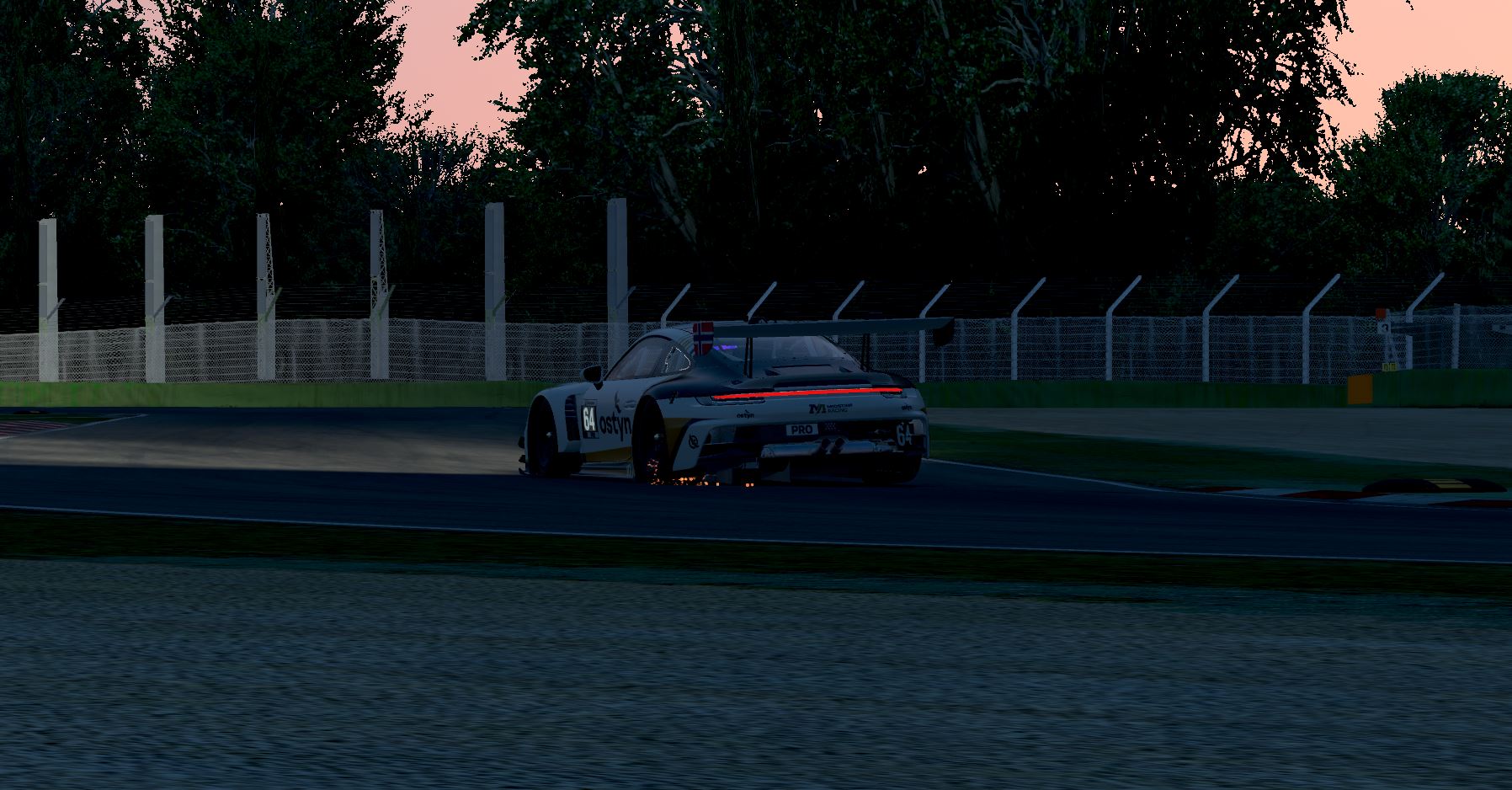 Nico's Porsche 911 GT3 R at dusk at Imola